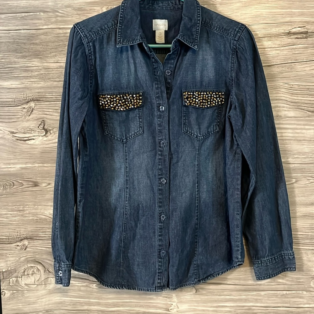 Chico’s Denim Bling Button Up Shirt -0